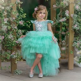 Fashion High Low Lace Flower Girl Dresses Beaded Tiered Wedding Toddler Pageant Gowns Sequined Tulle Appliqued Party Dress