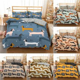 Homesky Cartoon Dachshund Bedding Set Cute Sausage Dog Duvet Cover Pet Printed Comforter s Bed Bedclothes 210615