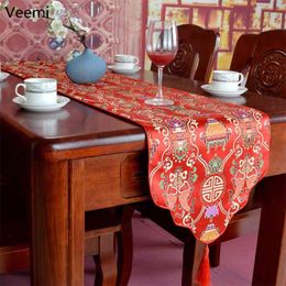 Chinese Style Red Flower Embroidery Table Runner Classical Fish Flag Cover Decoration for Dining with Tassels 210628