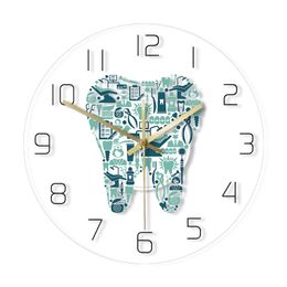 Dentist Dental Care Symbols Wall Clock Acrylic Hanging Clock Silent Movement Time Clock Teeth Design Dental Department Decor 210310