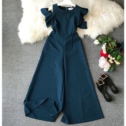 Summer Elegant Jumpsuits Women Slim High Waist Ruffle Sleeved Irregular Strapless Playsuits Womens Casual Wide Leg Black Romper T200509