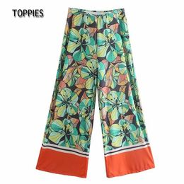 Toppies 2021 Summer Wide Leg Pants Woman Leisure Trousers Tropical Flowers Printing High Waist Pants Q0801