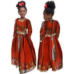Abito da ragazza autunnale africano Bambini Dashiki Abiti a maniche lunghe in cotone tradizionale abbinati Abito naturale da ragazza con stampa africana WYT61