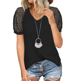 Summer Women Blouses Crew Neck Lace Short Sleeve Tops Fall Casual Loose T Shirts