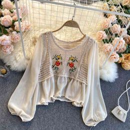 Fashion Women College Embroidery Knitting Spelling Chiffon Long Sleeve Ruffled Loose Slim Tops Casual Blouse R353 210527