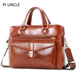 Briefcases Men High Quality Genuine Leather Antique Retro Business Briefcase 14" Laptop Case Vintage Portfolio Tote Shoulder Messenger