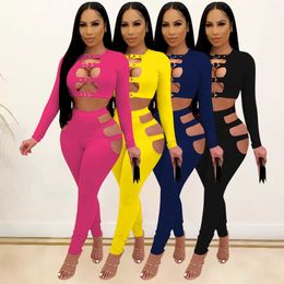 Casual Solid Patchwork Two Piece Set Women Sexy Hollow Out Long Sleeve Crop Top + Pencil Pants Suit Clubwear Matching Set Outfit X0709