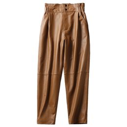 Genuine leather pants women winter fashion elastic high waist plus size harem casual trouser female 210925