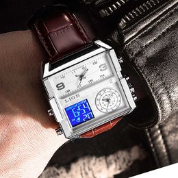 LIGE Brand Men Sport Watches 3 time zone Big Clock Fashion Military LED Watch Leather Quartz Wristwatches Relogio Masculino 210527