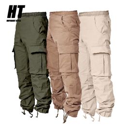 Homens multi-bolso cargo calças corredores sweatpants militar moda laço pés elástico cintura casual macho magro harem 210715