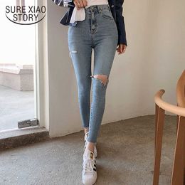 Light Blue Women Denim Pants Winter Simple Ripped Holes Skinny Jeans Female Trousers High Waist Stretch Long Pants 10406 210528