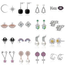 Real 925 Silver Stud Earrings For Girl Fashion Jewelry Wedding Gift Crystal Moon Star