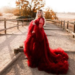 Red Ruffles Prom Dresses Plus Size Maternity Robes Pregnant Women Poshoot Evening Gowns Fluffy Robe Party Dress315H