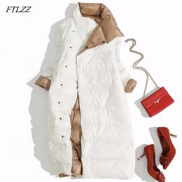 FTLZZ Plus Size 5XL Women Double Sided Down Long Jacket White Duck Coat Winter Breasted Warm Parkas Snow Outwear 211216