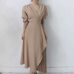 Autumn Summer Fashion Fold Womens Korea Girl Female Irregular Slim Belt Dress Dresses Feminine V Neck Shirt E066 210603