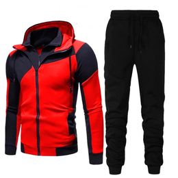 2021 Tracksuits men's personality color matching double layer zipper hooded cardigan slim sweater