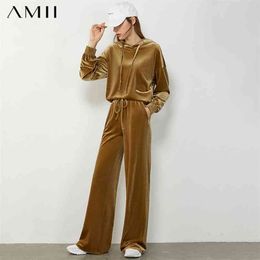Minimalism Fashion Suits For Women Causal Hooded Velvet Hoodies Elastic Waist Solid Loose Women's Pant Suit Female 12040637 210527