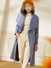 Autumn England Style Blue Luxury Large Lapel Womens Trench Coat Mid-long Casual Fashion Female Overcoat