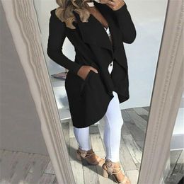 Women's Trench Coats Trendy Women Clothes Long Sleeve Pocket Waterfall Solid Casual Ladies Cardigan Polyester Overcoat One Pieces