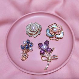 925 Sterling Silver Moon Freshwater Pearl Zircon Women Suit Dress Brooch Pin Camellia Flower Butterfly Jewelry