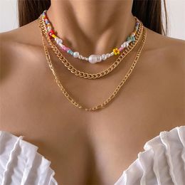 Bohemian Pearl Flower Rice Beaded Necklaces Multi Layer Alloy Gold Thick Clavicle Chain Women Vacation Beach Party Gift Necklace Jewellery Accessories