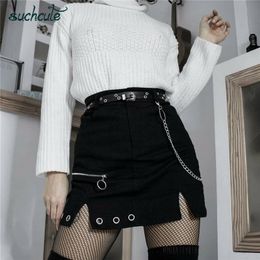 SUCHCUTE zipper up women skirts metal chain Modis gothic mini skirt A-line black spring streetwear female party outfits 210306