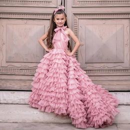 2021 Mother and Daughter Flower Girls Dresses For Weddings Halter Tulle Tiered Ruffles Bow Ball Gown Zipper Back Birthday Children Girl Pageant Gowns Sweep Train