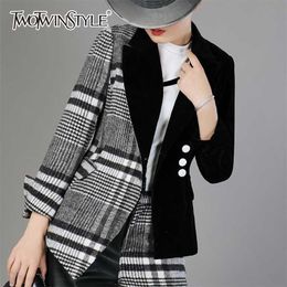 TWOTYLE Velour Patchwork Wool Plaid Blazer Coat Female Long Sleeve Asymmetrical Women's Suits Spring Fashion Clothes 211006