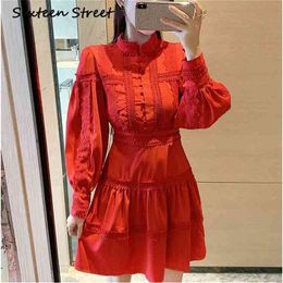 Red Solid Full-sleeve single-breasted Dress for woman high waist casual casualfashion party self dress female autumn 210603