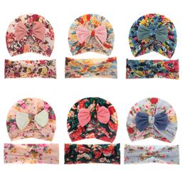 Baby Hair Accessories Sets Newborn Turban Cap Headband 2pcs Bowknot Kids Hat Cross Printed Headbands Elastica Hairs Band WMQ1252