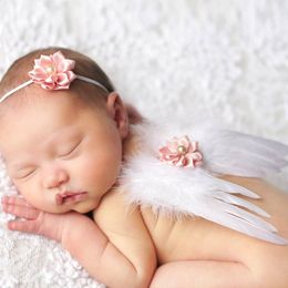 Newborn baby handmade feather wing with flower headband photo set Infant Cosplay costume photography props Infants angel wings BAW17