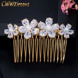 yellow headpiece UK - Stunning Cubic Zirconia Stone Yellow Gold Color Pearl Wedding Hiar Combs Flower Headpiece Accessories for Brides A010 210714
