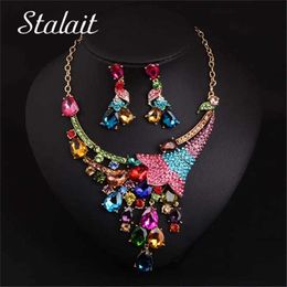 Female Jewellery Set Colourful Water Drop Crystal Leaf Gold Colour Pendant Necklace Earrings Wedding Party Bridal Party Jewellery Set H1022