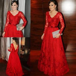 Red Lace Evening Dresses With Long Sleeves 2022 V Neck Back A Lone Floor Length Ribbon Ruched Custom Made Plus Size Prom Party Gown Vestidos Formal Ocn Wear 403 403