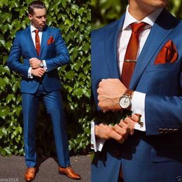 (Jacket+Pant+Tie+Handkerchiefs)Bule Wedding Suit For Men Formal Groom Bestmen Suits Custome Fashion Tuxedos Brand Clothing Suits X0909