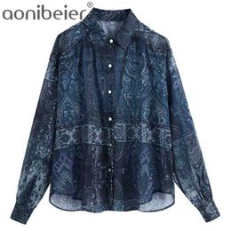 Women Blouses Shirts Vintage French Print Chiffon Long Sleeve Shirt Chic Female Buttons Loose Office Blusas Tops 210604