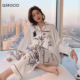 QSROCIO Women's Pyjamas Set Luxury Style Fashion Natural Animal Graffiti Sleepwear Silk Like Leisure Home Clothes Nightwear 210809