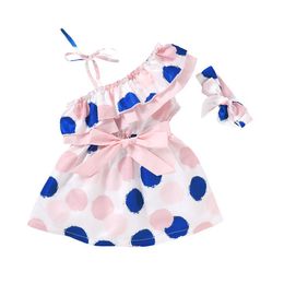 kids baby girls fashion summer Strapless collar dot bow dresses headbands toddler girl dress child clothes sets 2pcs 12M-4Y Q0716