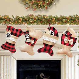 Pet Dog Christmas Stocking Set of 4 Buffalo Plaid 18inch Large Bone Shape Pets Stockings For Dogs Holiday Decorations Xmas Tree Pendant Orna