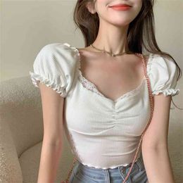 T-shirt Women's Lace Bubble Sleeve Sexy Short Trim White Short-sleeved Top Summer 210529