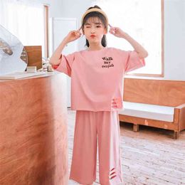 Summer Big Girls Clothing Set Korean Children Short Sleeve Hole T-shirt + Pants Modal Loose Cool Trousers Teen Sport Sets 210622
