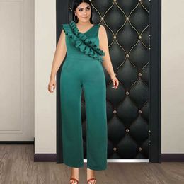 Green Party Jumpsuits for Women Elegant Deep V Neck Sleeveless Ruffles High Waist Evening Celebrate Overalls Clubwear Dropship 210527