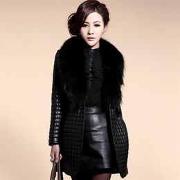 winter women thick long leather jacket with fur collar slim solid office ladies coat outwear chaqueta mujer cuero 210816