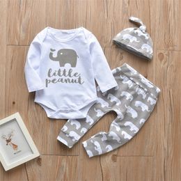 3 Pcs Newborn Baby Boy Clothes Outfits Set Cotton Long Sleeve Elephant Print Bodysuit+Casual Pants+Hat Infant Toddler Clothing 210309