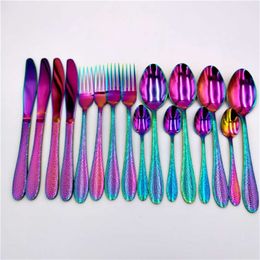 16pcs Golden Forks Spoons Knifes Set Rainbow Cutlery Tableware 18/10 Stainless Steel Dinnerware Dinner Holiday Gift Box 210928