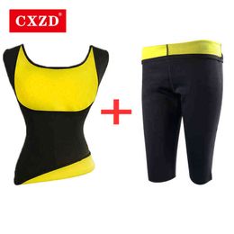 CXZD Women Waist Trainer Slimming Vest+Pant Neoprene Corset Sauna Body Shaper Pants Vest Stretch Super Lose Weight Control Pant 211112