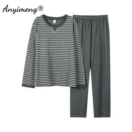 Casual Pyjamas for Men Minimalist Style Fashion Mens Pajamas Set Cotton Sleepwear Long Sleeves Long Pants Round Neck Loungewear 210928