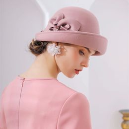 100% Wool Felt Flanging Floral Fedora's Autumn Winter Cloche Hats Elegant Banquet Fedora Hat 211119