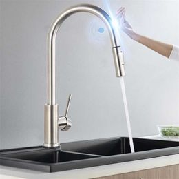 Black Sensor Kitchen Faucets Stainless Steel Smart Induction Pull Out Mixed Tap Single Handle Touch Control 360 Rotation Tap 211108