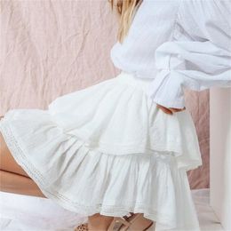 Women's High Waist A-Line Mini Skirt Summer Women Elegant White s Casual Lace Splice Short Holiday 210619
